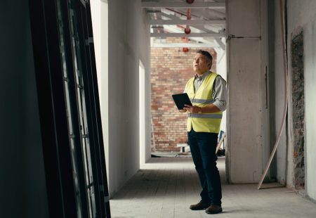 Tablet, architecture development and engineering man with inspection, quality assurance and building compliance checklist. Digital, paperless senior construction worker on site for a progress report